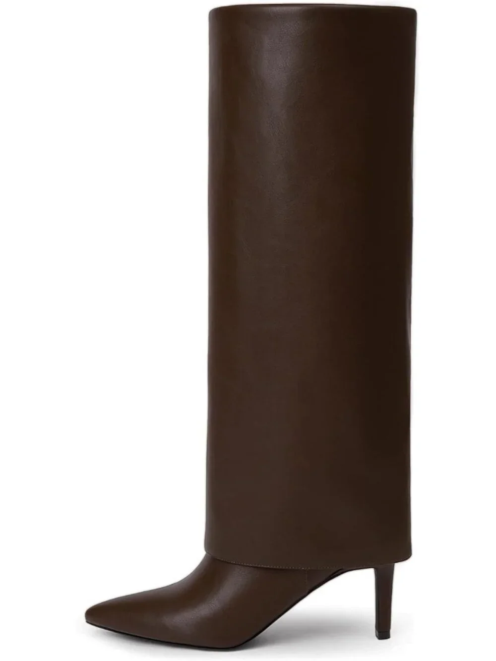 Women's Brown Slouchy Stiletto Heel Pointed Toe Chic Fold Over Knee High Boots